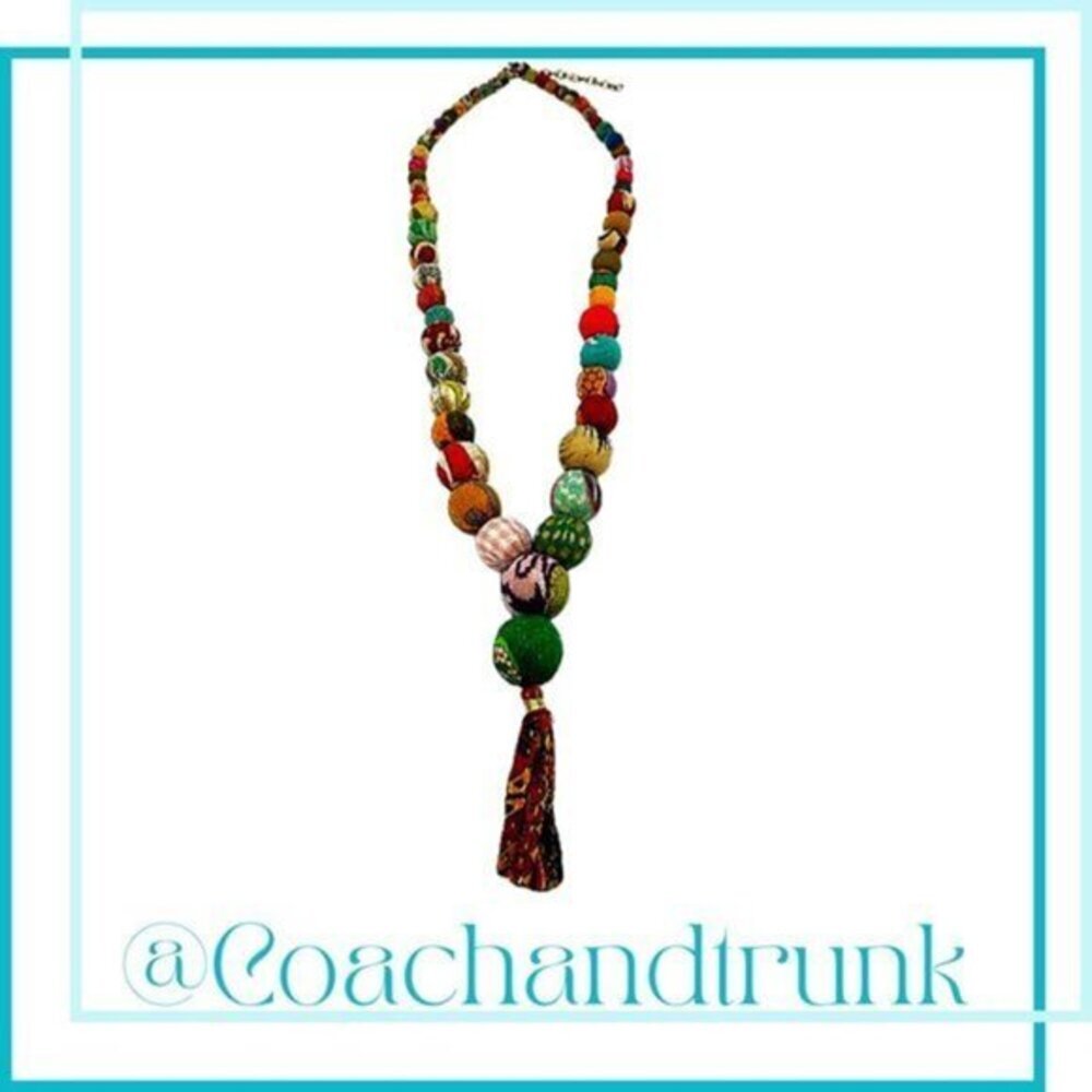 ARTISAN Kantha Upcycled India Sari Wrapped Beaded Necklace NWT